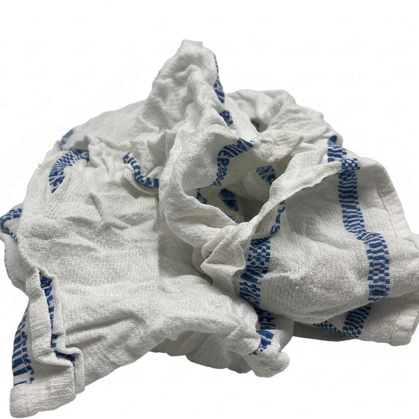 Industrie-Großpackung: Weiße Frottee-Putzlappen aus Handtuchrollen, reißfest und hochabsorbierend.