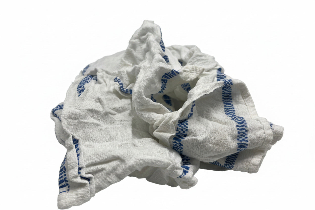 Industrie-Großpackung: Weiße Frottee-Putzlappen aus Handtuchrollen, reißfest und hochabsorbierend.