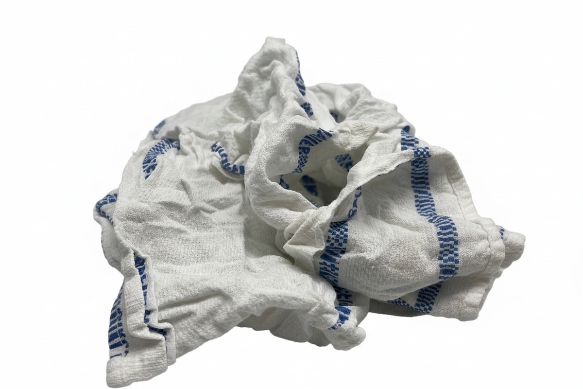 Industrie-Großpackung: Weiße Frottee-Putzlappen aus Handtuchrollen, reißfest und hochabsorbierend.