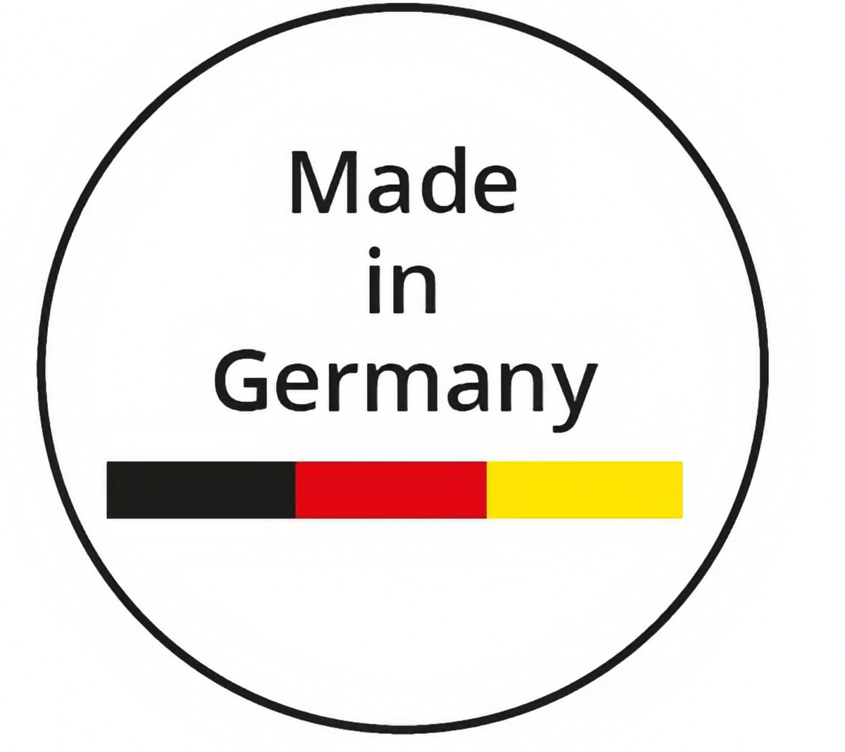 Qualitätssiegel Piktogramm: Made in Germany mit stilisierter Deutschlandfahne in Schwarz-Rot-Gold.