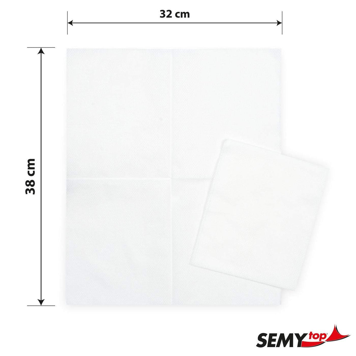 Größenangabe: Weißes Semy-Soft Tuch von Semy Top mit den Abmessungen 38x32 cm.
